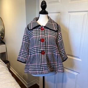 Vintage Houndstooth Cape Jacket Red Button Statement Coat Retro L